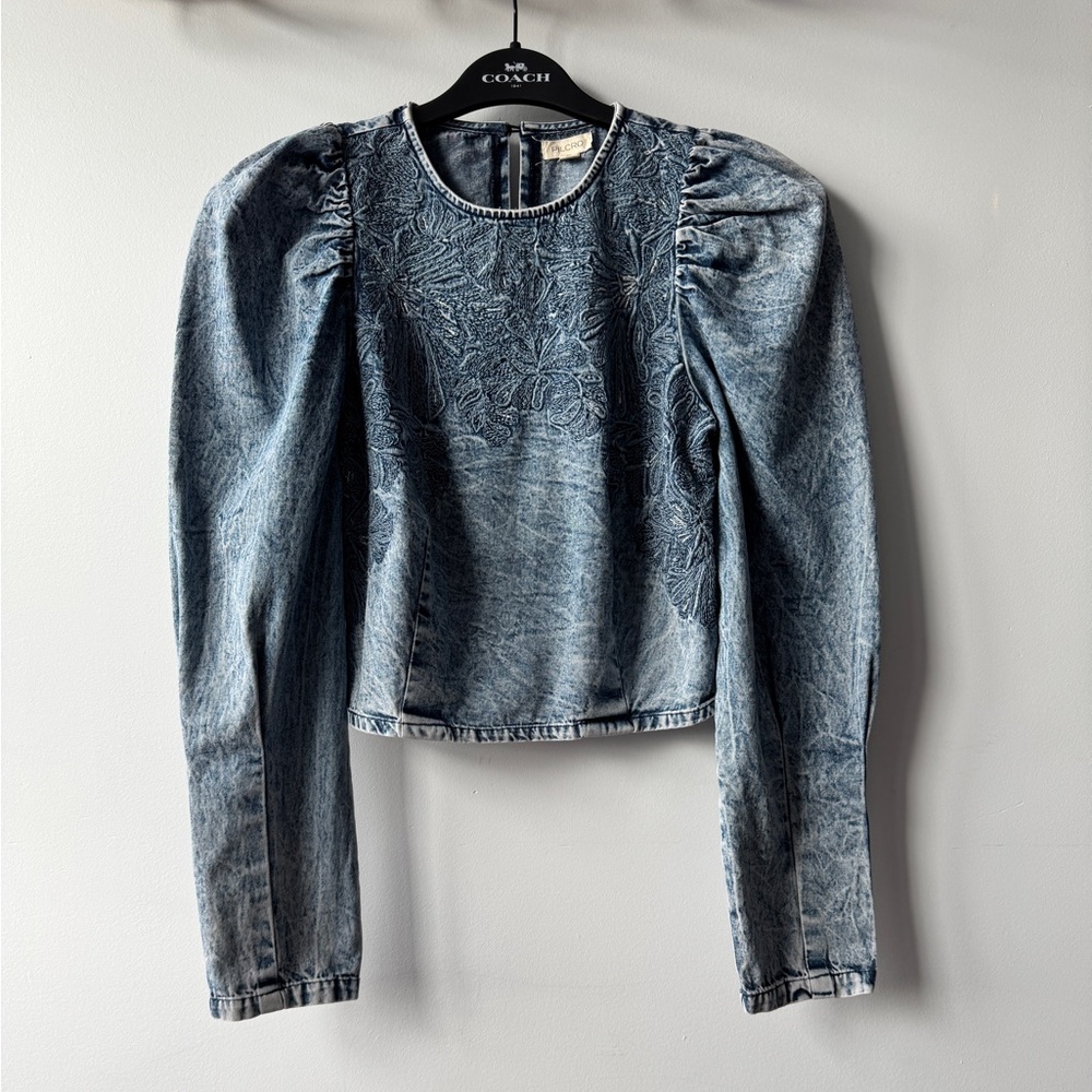Pilcro Blue Embroidered Puff-Sleeve Denim Crop Top - Picture 5 of 16